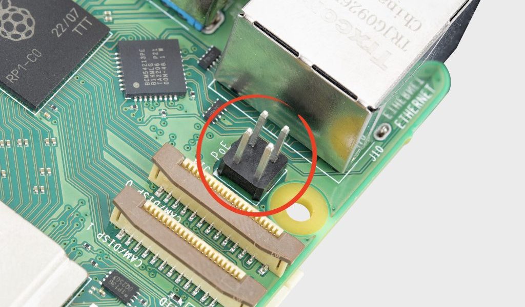 Ethernet and PoE header on an embedded board