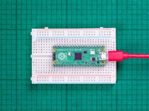 Raspberry Pi Pico microcontroller board on a breadboard